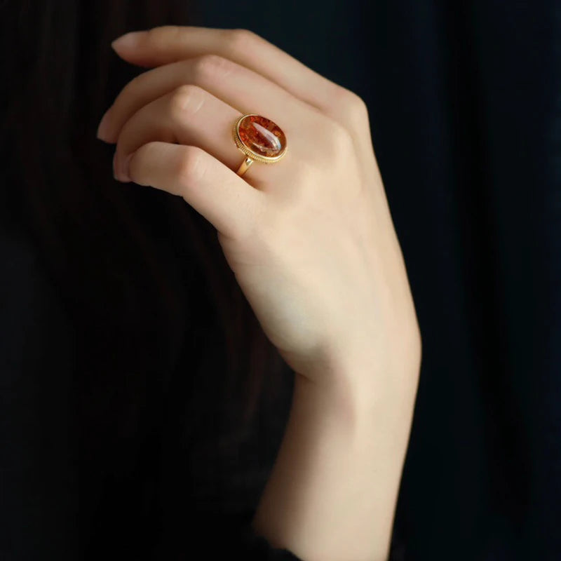 Real Natural Amber Rings Sterling 925 Silver Yellow Gold Gemstone 10*16mm for Women Lady Birthday Wedding Party Jewelry Gift